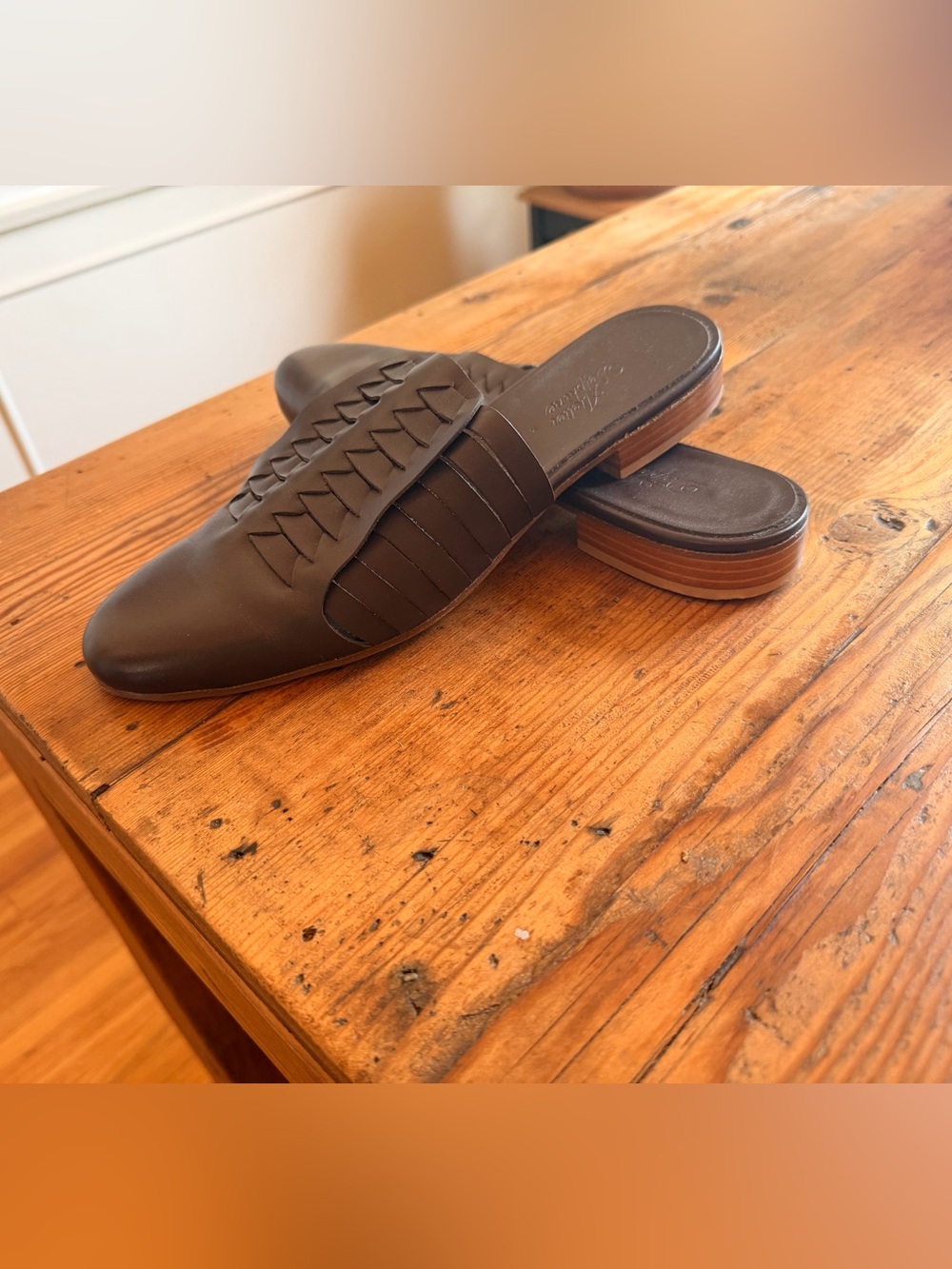 Women’s Brown Leather Slip-On Woven Slides